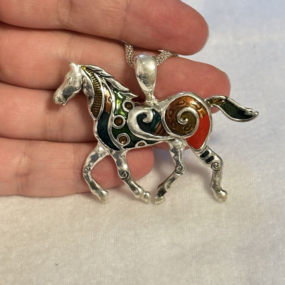 Colorful Enamel Painted Horse Necklace Pendant Silver Tone Equestrian Western